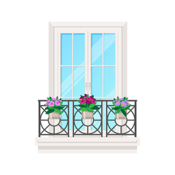 Balcony of house, window facade with building apartment banister, vector flat icon. Vintage or modern balcony porch with glass window and flowers on wrought lattice, villa veranda and hotel terrace - Vector, Image