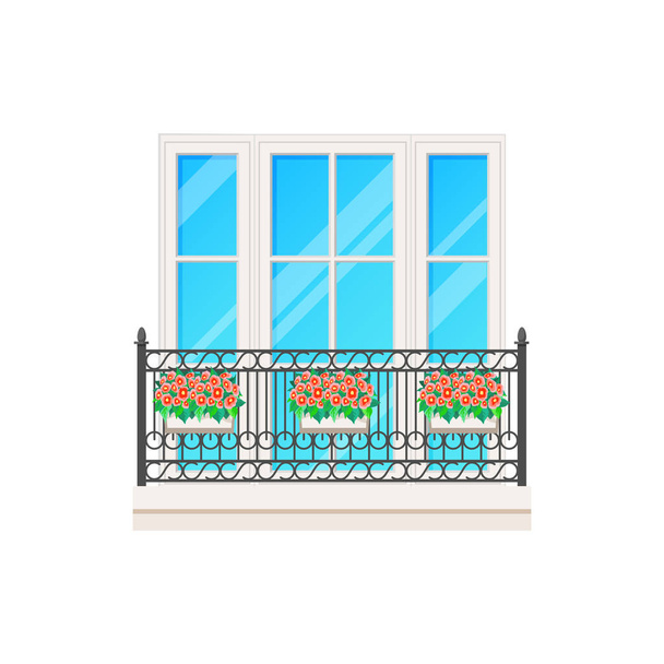 Parveke tai ikkuna aidalla kaide, rakennuksen arkkitehtuuri ja talon julkisivu kaide, vektori. Lasi-ikkunat ja rauta takorauta ristikko, huoneistot parveke tai terassi kuisti ovet ja kukat - Vektori, kuva