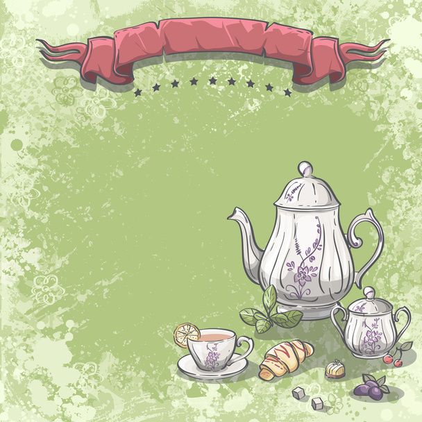 Tea service with tea leaves, croissants and fruit - Vector, afbeelding