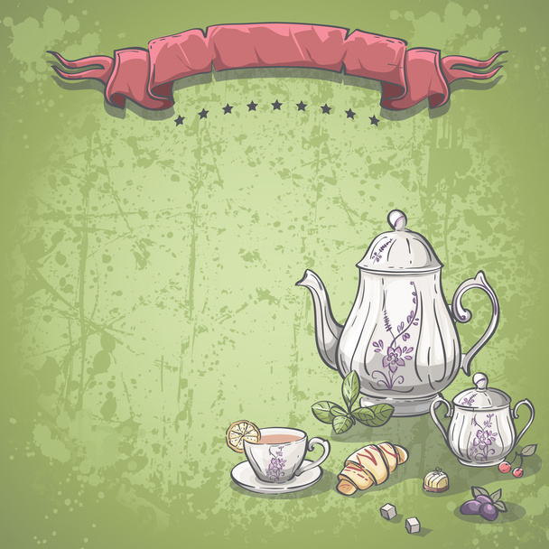 serviço de chá com folhas de chá, croissants e doces de chocolate
 - Vetor, Imagem