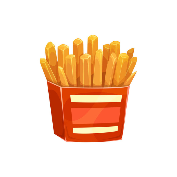 Franse aardappel friet, fastfood box menu, vector geïsoleerd icoon. Fastfood restaurant, bistro en street food cafe snack of voorgerecht, friet chips rode doos - Vector, afbeelding