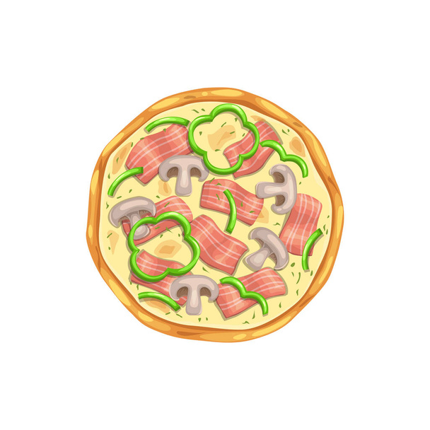 Pizza, pizzeria fast food icon for menu, vector isolated. Italian cuisine restaurant, pizzeria and fastfood meals, pizza Capricciosa with bacon ham and mushrooms - Vecteur, image