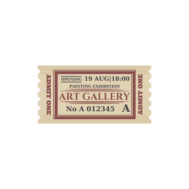 Volledige ticket naar galerij van moderne kunst geïsoleerde coupon kaart. Vector laten op de uitvoering of excursie in het museum van de schilderijen. Toelating tot culturele tentoonstelling, voucher met datum en prijs - Vector, afbeelding