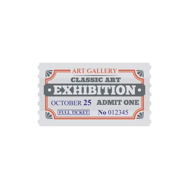 Bilhete de entrada para exibição de galeria de arte clássica cartão isolado. Vector voucher acesso à galeria, entrada única. Convite em exposição de excursão, admitir uma menção de preço de data, papel de rifa numerado - Vetor, Imagem