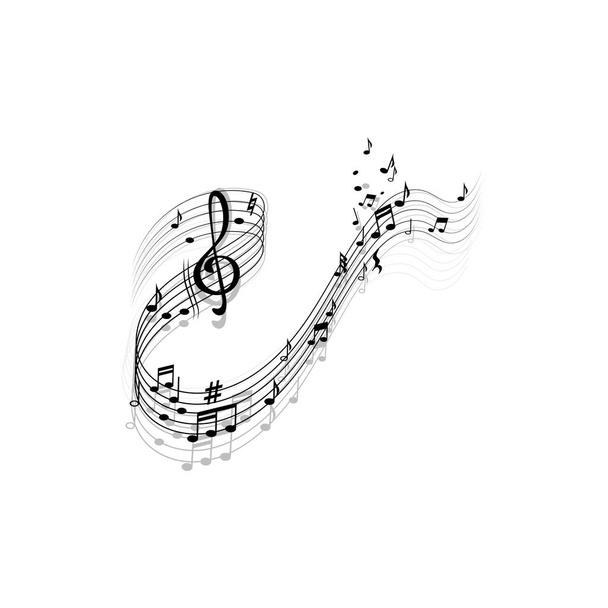 Liedkompositionen Linien, Melodielemente Violinschlüssel und Noten isoliert Symbol mit Reflexionsschatten. Vektornoten auf Notenblättern, Bassmelodie-Achtel oder Viertelwirbel, Jazz-Notenblatt - Vektor, Bild