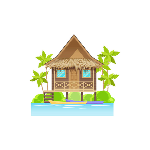 Wooden house on sea or ocean with canoe boats, palm trees isolated. Vector modern beach building, villa seashore bungalow. Mansion tropical hut on seaside of island at maldives or caribbean costs - Vector, Image