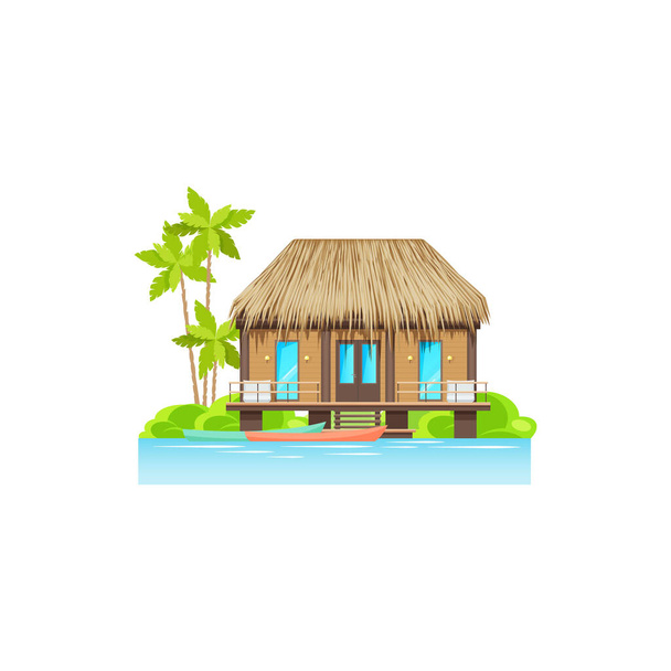 Tropical wooden house on water on seaside of island at sea or ocean beach, river cost with canoe boats, bungalow with balcony pier. Building at seashore or seaside, home at paradise, palm trees - Vector, Image