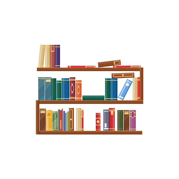 Boekenkast, boekenplank met boeken, bibliotheekplanken geïsoleerd icoon. Vector stapels van staande woordenboeken, encyclopedieën en retro literatuur. Bibliotheekplanken, houten boekenplanken in de boekhandel of boekhandel - Vector, afbeelding