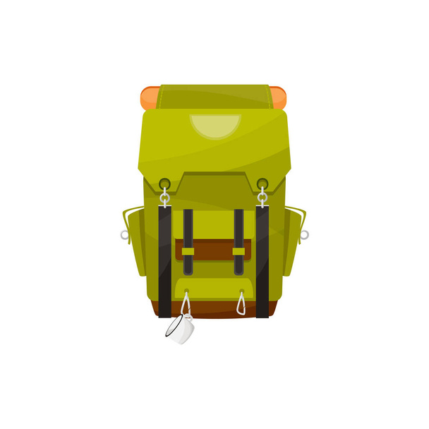 Cestovní taška s kovovým hrnkem na zadní straně izolovaného trekingového batohu. Vektorově zelený batoh, pěší turistika, horolezectví sportovní batohy s tkanicí. Expediční vak, taška pro kreslené turisty - Vektor, obrázek