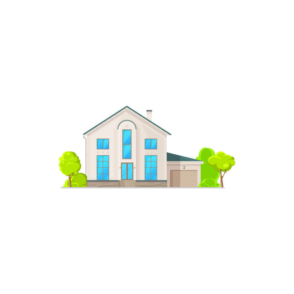 American house with garage, rural two-storey building facade exterior isolated neighborhood architecture cartoon element icon. Vector vintage home with trees in countryside. Private property on sale - Vector, Image