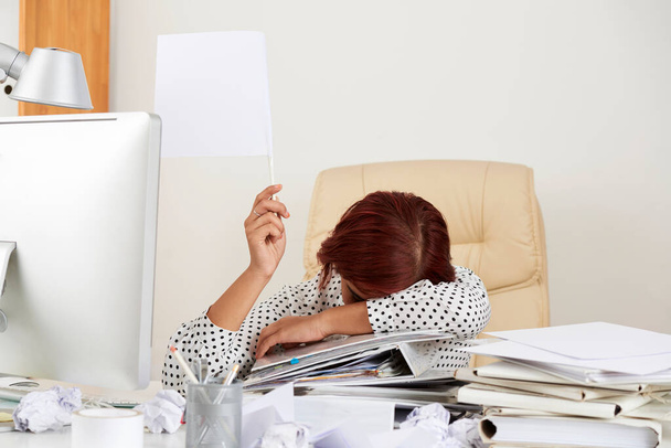 Exhausted Businesswoman Showing White Flag - Photo, Image