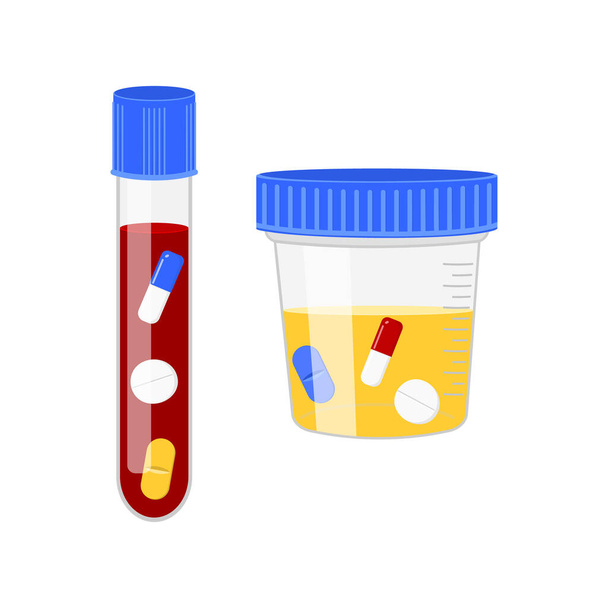 Blut- und Urinproben mit verschiedenen Medikamenten. Dopingkontrolle im Sport. Positive Drogentests nach einem Unfall. Vektorgrafik - Vektor, Bild