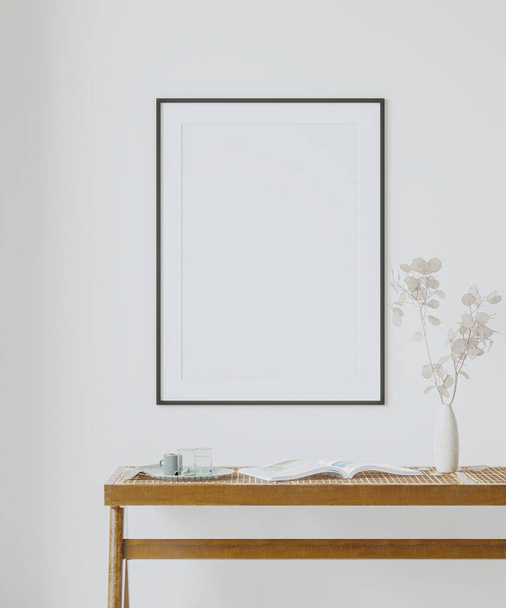 Maquette de cadre d'affiche intérieure avec la décoration moderne de meubles Illustration 3d, 3d Render - Photo, image