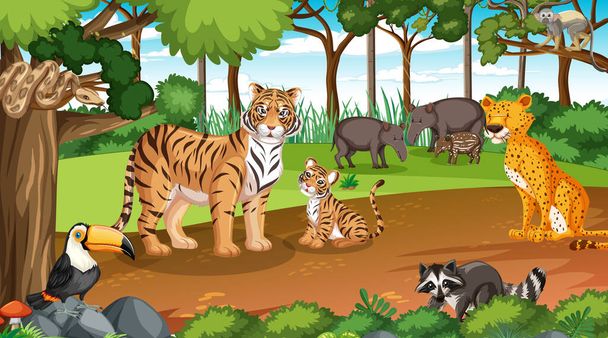 Дикие животные в лесной сцене со многими иллюстрациями деревьев - Вектор,изображение