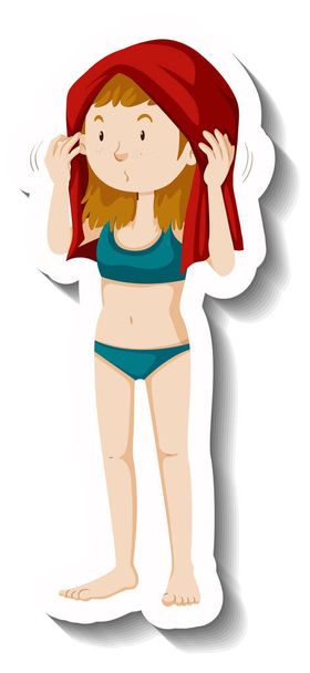 Menina secando seu cabelo com uma toalha desenho animado personagem etiqueta ilustração - Vetor, Imagem