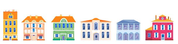 Set Häuser Haus mit Blick auf das Haus, bunte Immobilien. Cartoon städtische Gebäude, Vektorillustration - Vektor, Bild