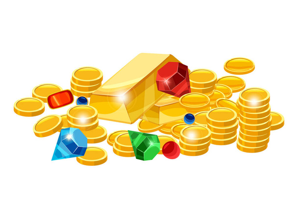 Set of treasure gold coins, bar, gems,, jevels, diamonds. Ancient fantasy pile gold luxury. Vector cartoon style for games apps illustration - Vetor, Imagem