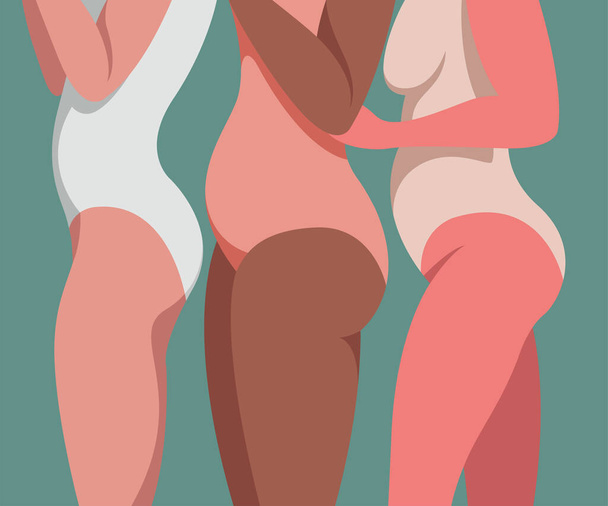 illustration in trendy colors on the theme of body positive. three girls with different bodies and different skin colors in lingerie stand sideways and are not shy about their bodies and fat folds - Вектор,изображение