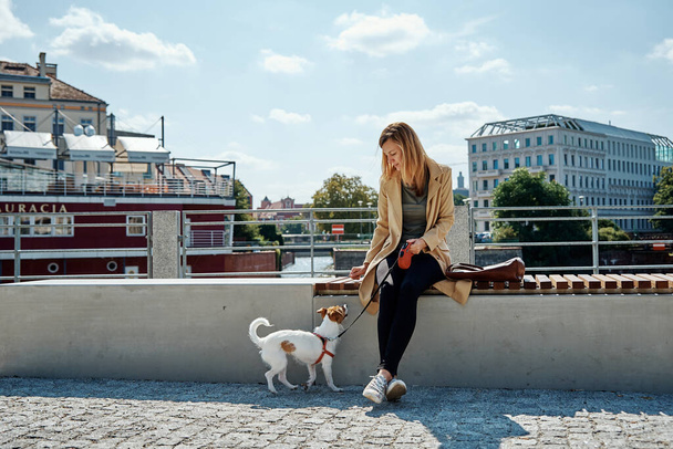 Mujer pasear con su perro en la calle de la ciudad en el día de verano - Foto, imagen