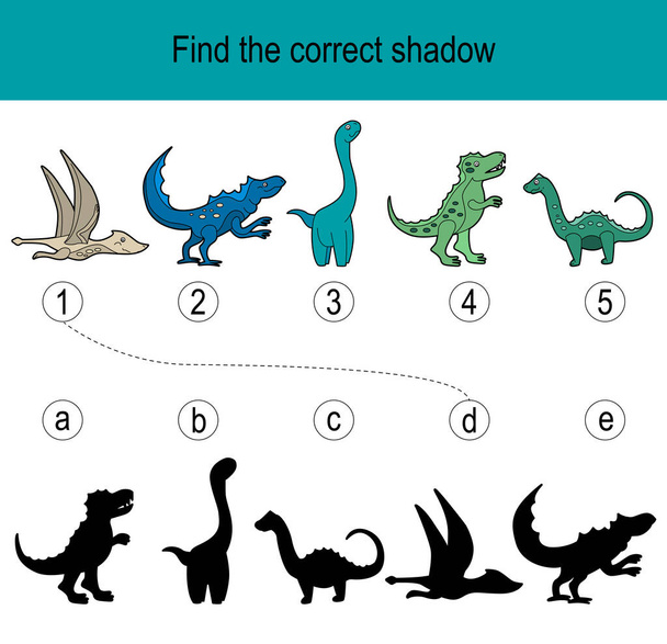 Find the correct shadow puzzle with dinos and reptiles. Illustration can be used as logic game for children. - Διάνυσμα, εικόνα