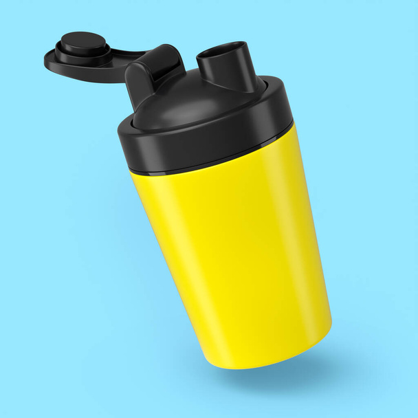 Yellow plastic sport shaker for protein drink isolated on blue background. - Foto, Imagem