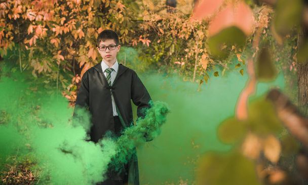 Halloween party ideas, people outfit. Boy from school of wizards and magic - Foto, Imagem