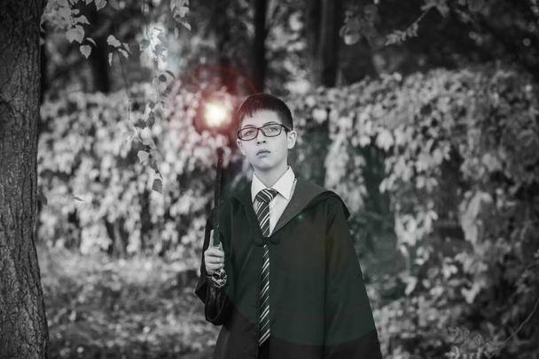 Halloween party ideas, people outfit. Boy from school of wizards and magic - Photo, Image