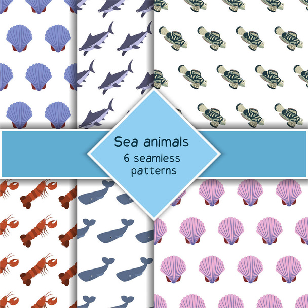 貝殻、クジラ、ザリガニ、ロブスター、みかんの6種の海の動物のシームレスなパターンをセット. - ベクター画像