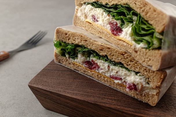 Sanduíche com queijo ricota. alimentos com queijo e legumes. alimentos embrulhados em pão - Foto, Imagem