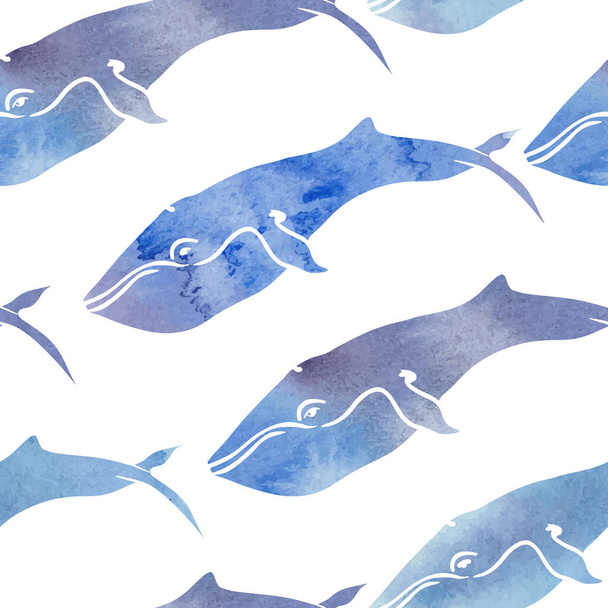 Blue Watercolor whales seamless pattern - Vector, Image
