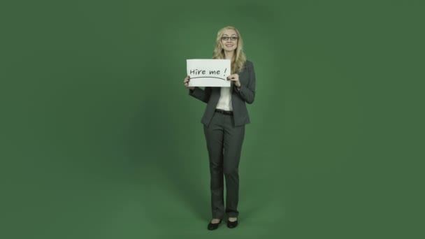 Businesswoman with hire me sign - Footage, Video