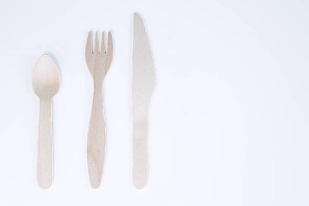 Eco friendly bamboo cutlery set on white background. Zero waste concept. - 写真・画像