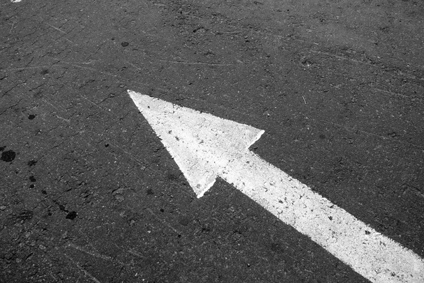Flecha branca no asfalto apontando para a esquerda em preto e branco. Conceitos e signos de ideias. - Foto, Imagem
