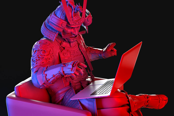 Armored samurai using laptop. 3D illustration - Фото, изображение