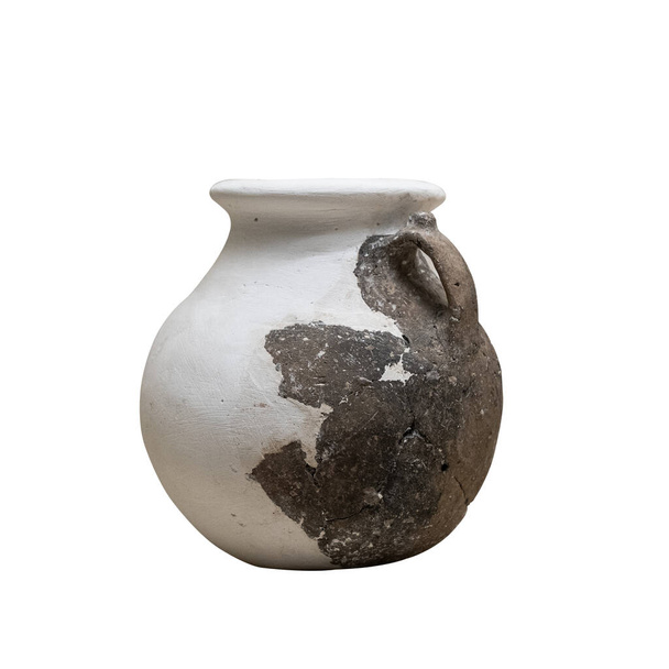 vue de face gros plan d'antique vase en pot reconstruit avec petite poignée isolée sur fond blanc - Photo, image