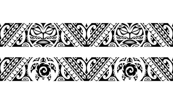 Набор маори полинезийских браслетов татуировки границы. Племенной рукав бесшовный вектор шаблона. Самоанский браслет татуировки дизайн передней руки или ноги с лицом солнца и черепахи - Вектор,изображение