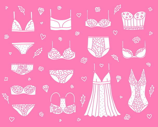 Hand drawn white collection of women lingerie and nightwear isolated on pink background. - Vektor, Bild