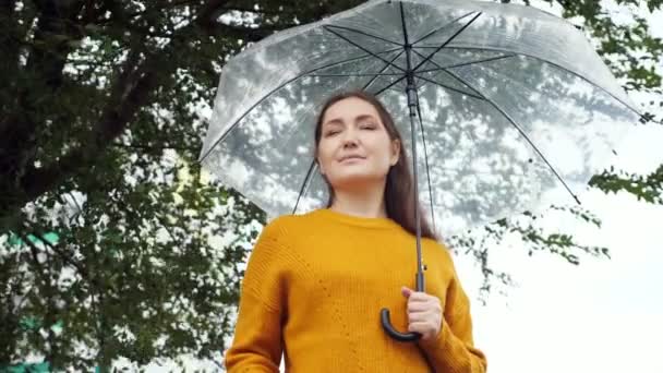 vrouw in een mosterdtrui staat onder een doorzichtige paraplu bij regenachtig koud weer - Video