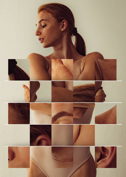 Collage, sliding puzzle. Portrait of young beautiful slim tanned red headed woman in lingerie posing isolated over light studio background. Natural beauty concept. - Fotó, kép