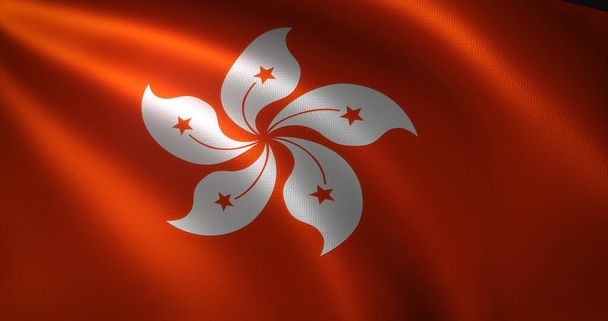 Sallanan kıvrımlı Hong Kong bayrağı, yakın görüş, 3D görüntüleme - Fotoğraf, Görsel