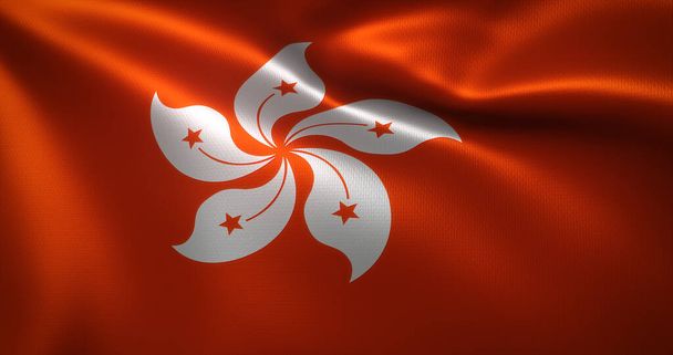 Sallanan kıvrımlı Hong Kong bayrağı, yakın görüş, 3D görüntüleme - Fotoğraf, Görsel