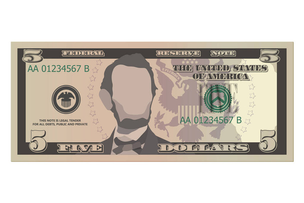 Χαρτονόμισμα 5 δολαρίων, χαρτονόμισμα 5 δολαρίων, στην μπροστινή πλευρά. Απλουστευμένη διανυσματική απεικόνιση των USD που απομονώνονται σε λευκό φόντο - Διάνυσμα, εικόνα
