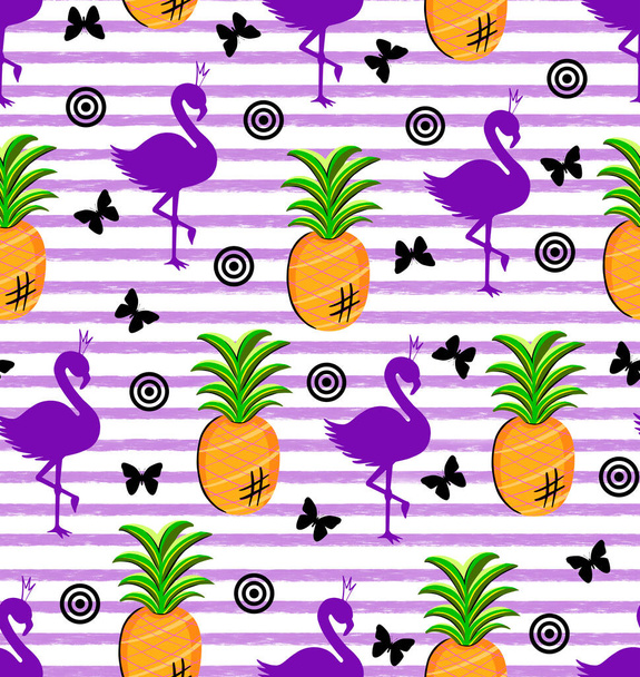 Purple flamingos, pineapple pattern on a striped background. Illustration for printing, backgrounds, wallpapers, covers, packaging, greeting cards, posters, stickers, textile and seasonal design. - Foto, Imagem
