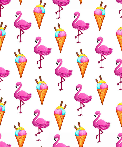 Pink flamingo, ice cream pattern. Illustration for printing, backgrounds, wallpapers, covers, packaging, greeting cards, posters, stickers, textile and seasonal design. Isolated on white background - Photo, Image