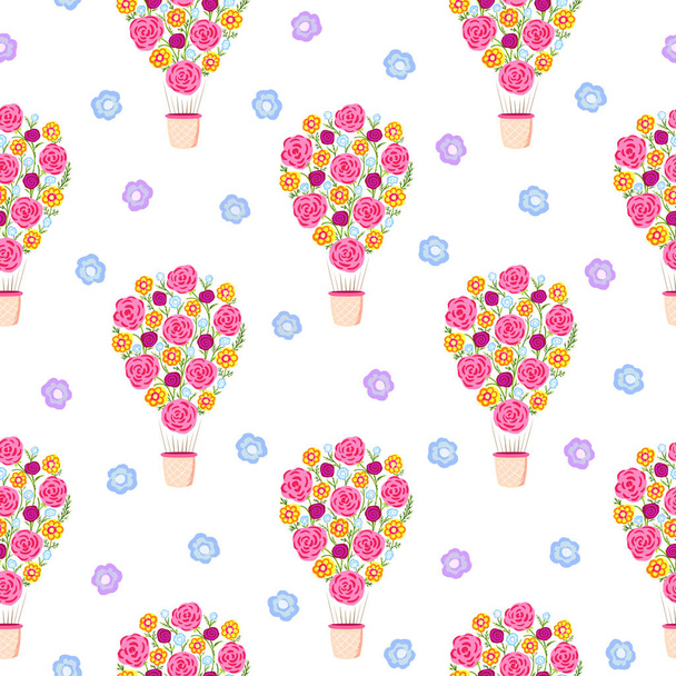 Flowers in the form of a air balloon pattern on white background.Illustration for printing, backgrounds, wallpapers, covers, packaging, greeting cards, posters, stickers, textile and seasonal design. - Photo, Image