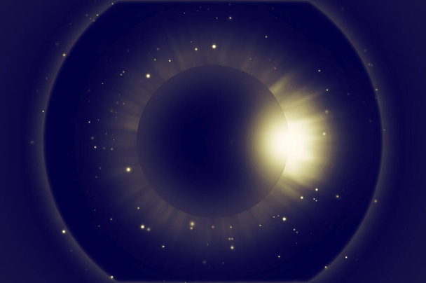 Kuu peittää auringon kauniissa auringonpimennyksessä. Digitaalinen kuva auringonpimennyksestä avaruudessa. 3d esimerkki Kuu kattaa auringon. - Valokuva, kuva