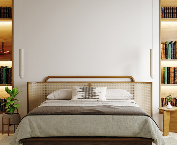 Frame-Attrappe im modernen Schlafzimmerhintergrund, 3D-Render - Foto, Bild