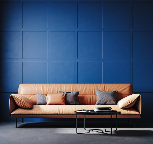Tmavě modrý domácí interiér s koženou pohovkou, 3d vykreslení - Fotografie, Obrázek