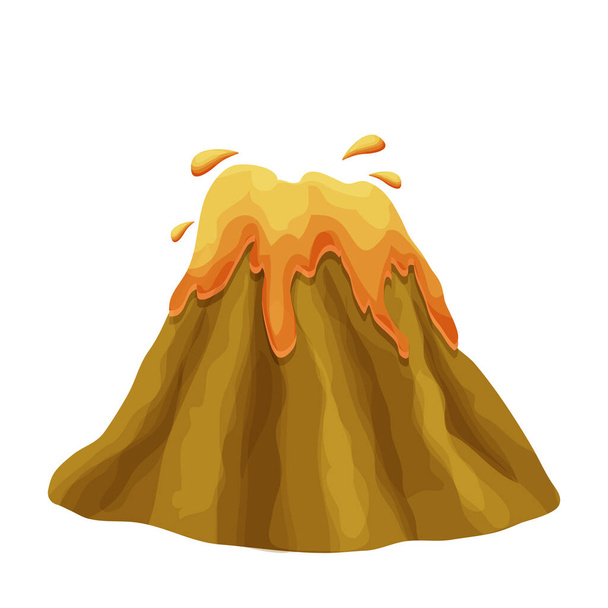 Erupção vulcânica com magma em estilo cartoon isolado sobre fundo branco. Atividade vulcânica lava quente, grande montanha com cratera. Ilustração vetorial - Vetor, Imagem