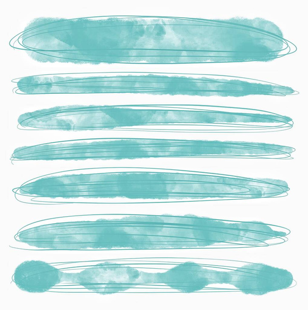 Set of watercolor brush stroke and stain in blue, turquoise color, solated on white background, abstract design element  - Fotó, kép